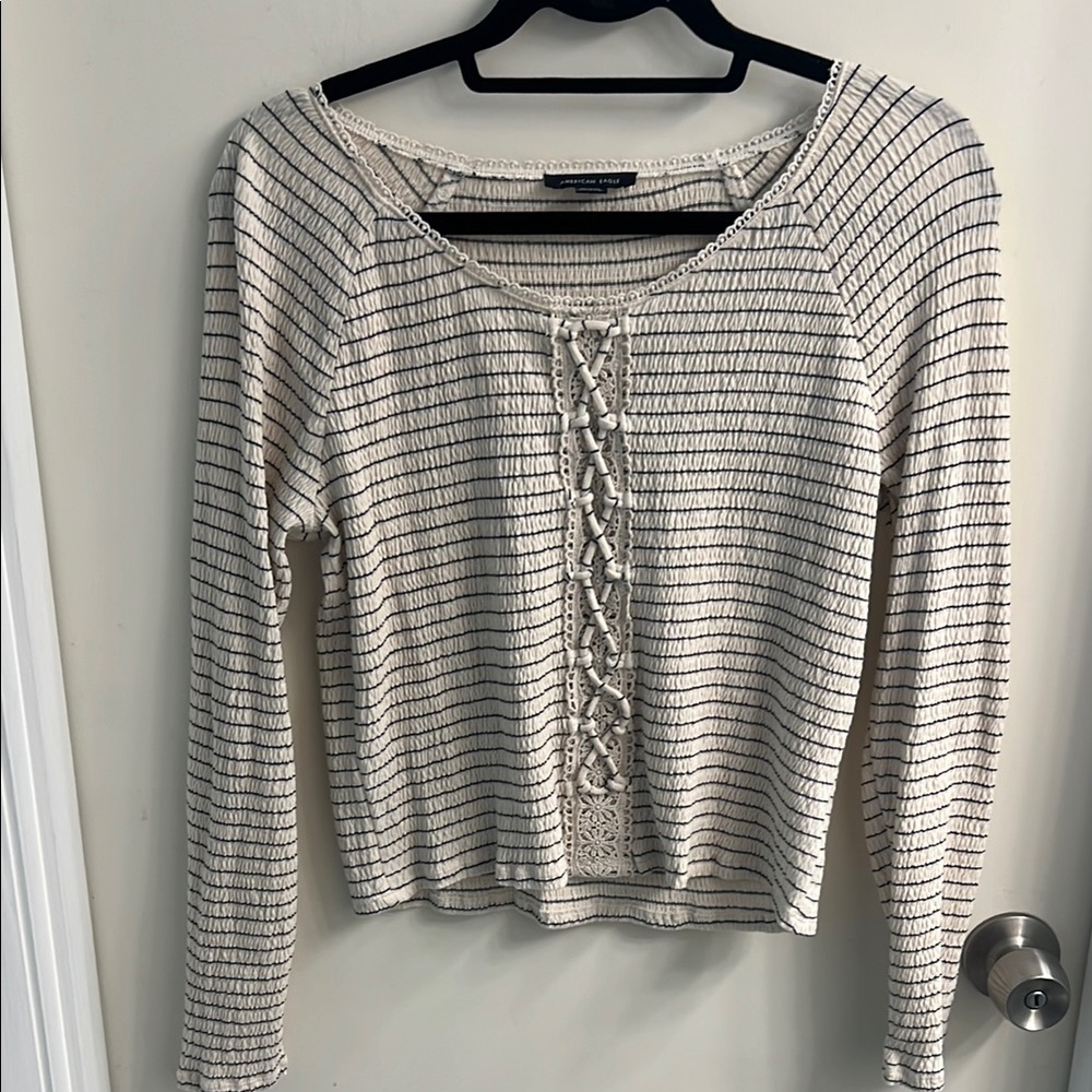 American Eagle Outfitters Beige and Navy Lace-Up Top
